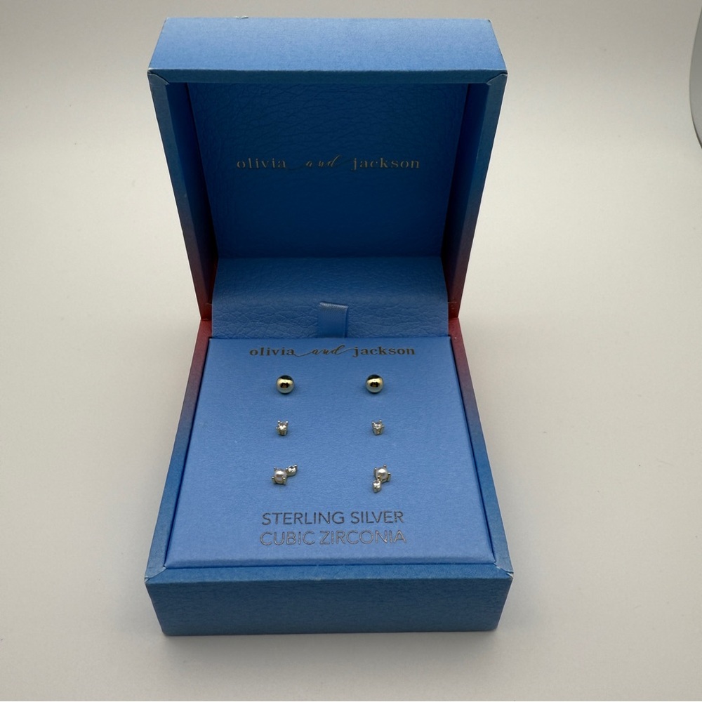 Olivia and Jackson Sterling Silver Cubic Zirconia 3-Pair Stud Earring Set w/ Box